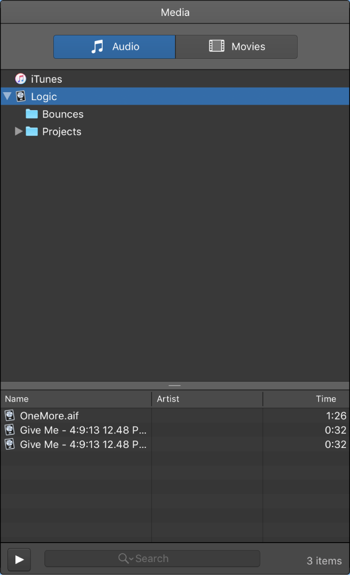 Figure. The All Files Browser, showing the Audio Files and Bounces folders, and audio files in the Logic folder.