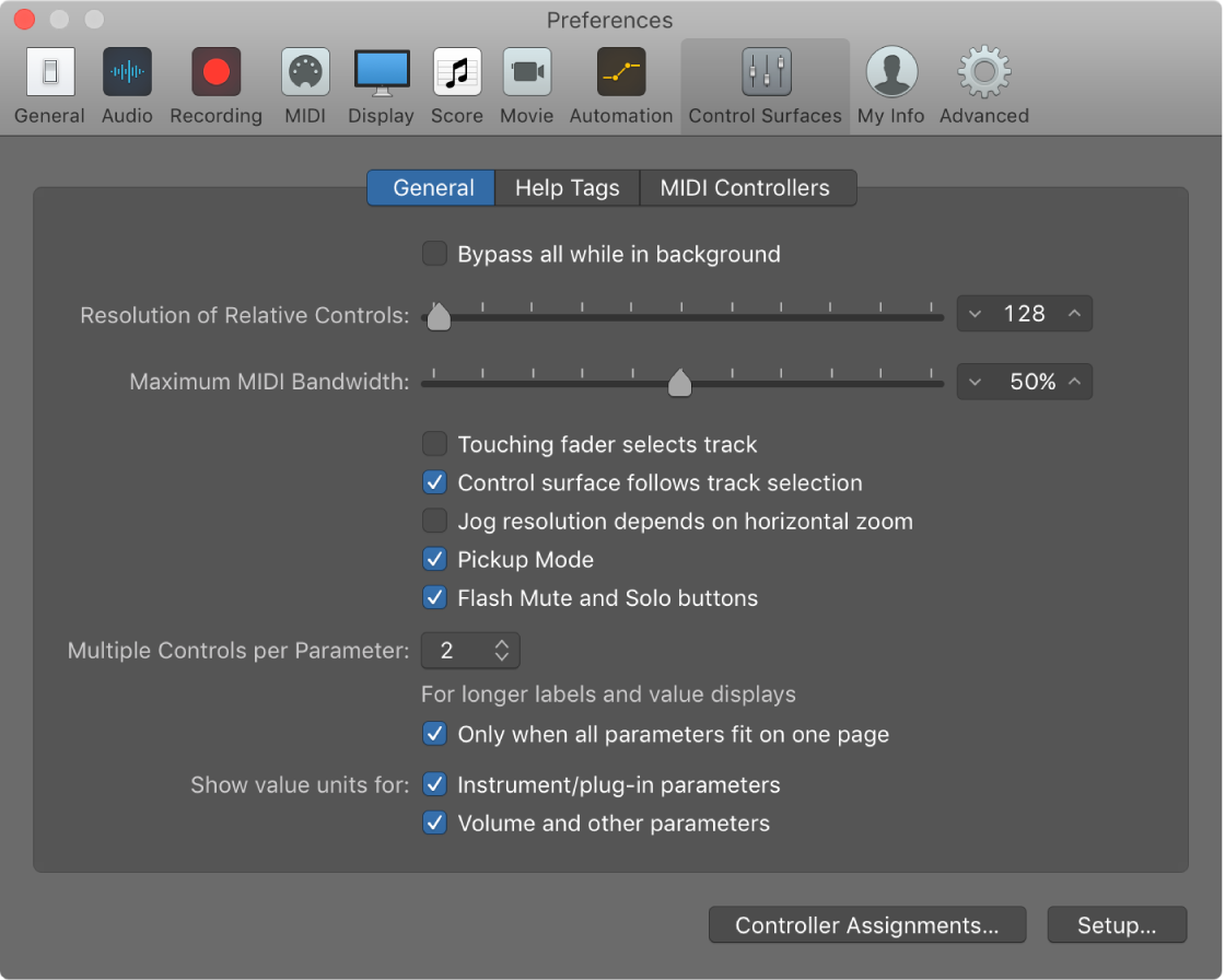 Figure. Control Surfaces preference window of Logic Pro.