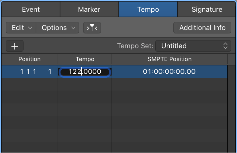 Figure. Tempo tab with tempo selected, ready to enter a new tempo value.