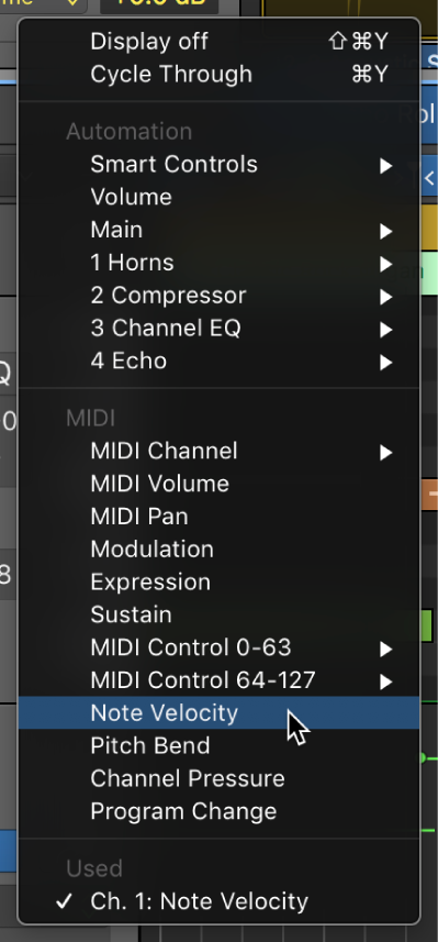 Figure. MIDI data chosen in the Automation/MIDI Parameter pop-up menu.