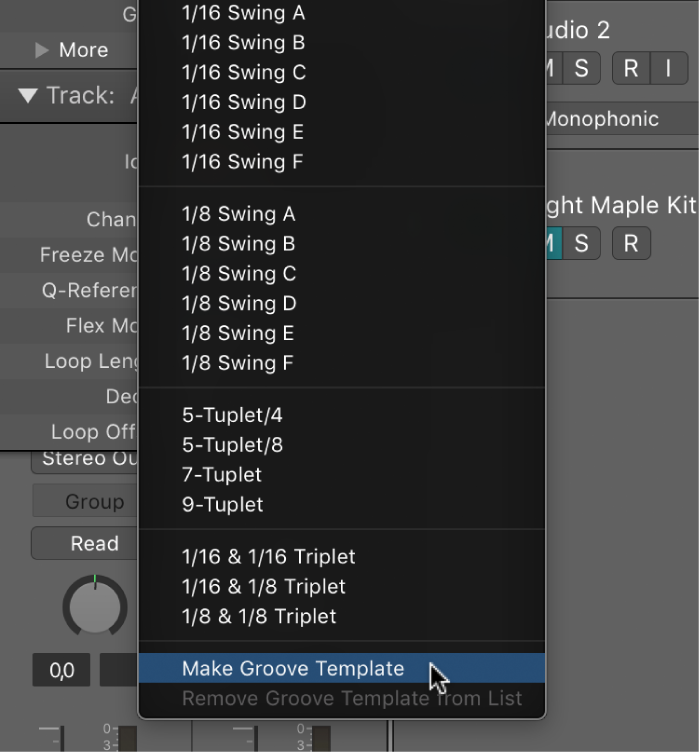Figure. Make Groove Template selected in the Quantize pop-up menu.