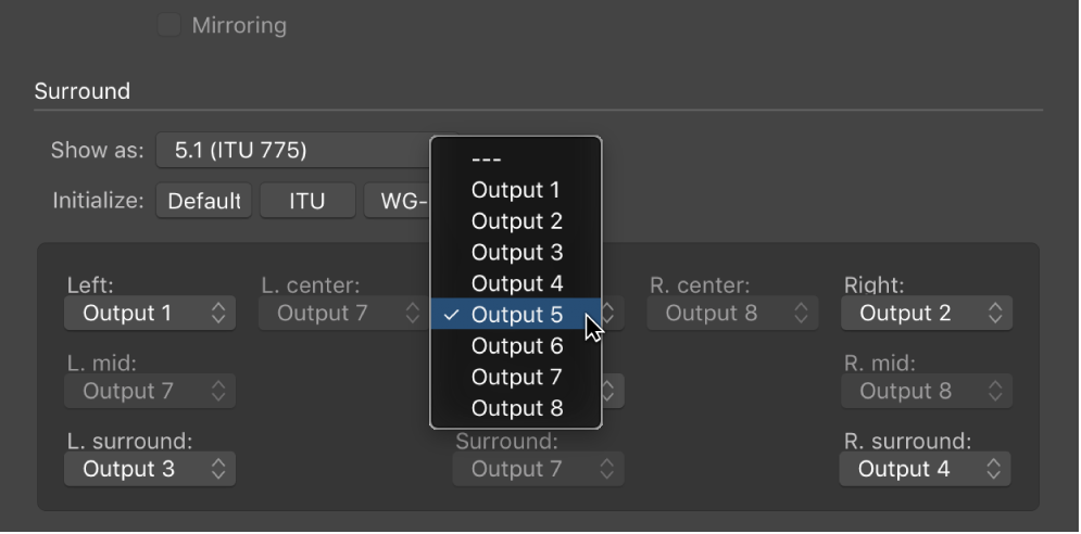 Figure. Output pop-up menu in Surround preferences.