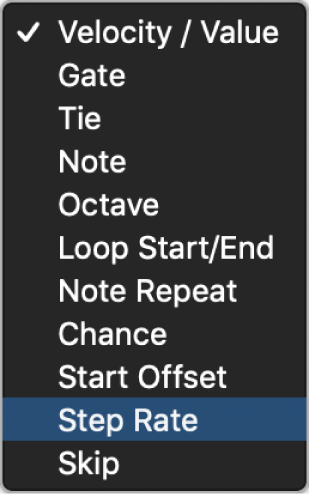 Step Sequencer Edit Mode selector pop-up menu.