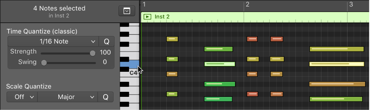 Figure. Selecting notes of same pitch by clicking on keyboard at left edge of Piano Roll Editor.