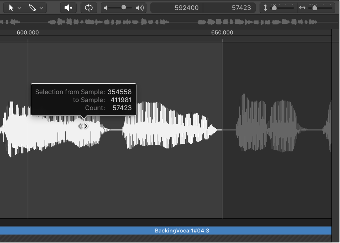 Figure. Audio File Editor selection with two-headed arrow over the center.