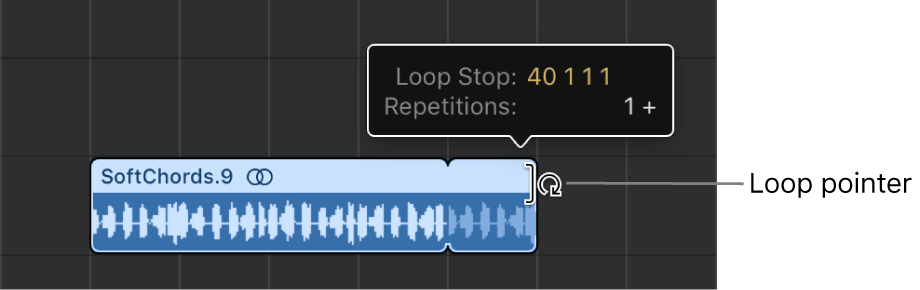 Figure. Looping a region in the Tracks area. The Help tag shows the region length and the number of repetitions.