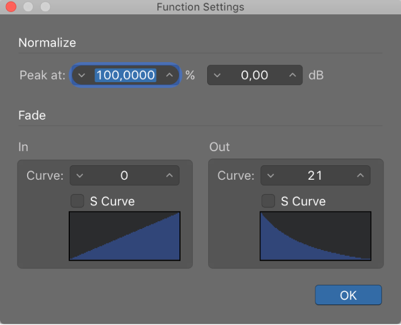 Figure. Function Settings window with edited curve value on Fade Out.