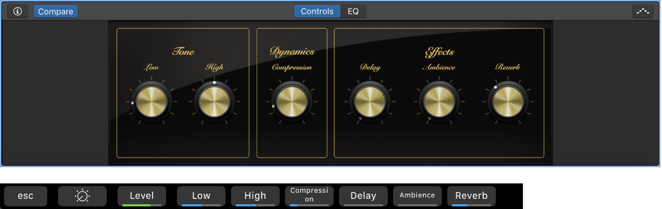 Figure. Software instrument track Smart Controls and dynamic Smart Controls screen shortcuts.