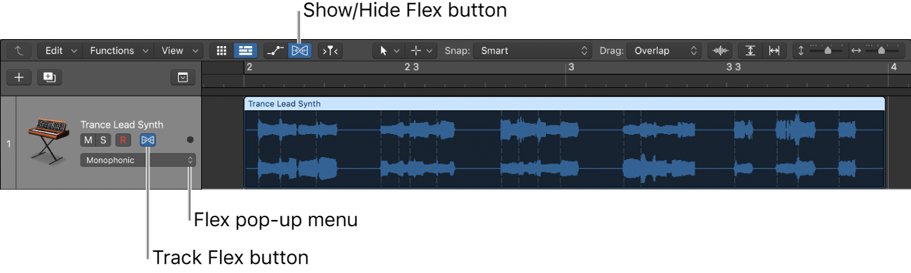 Figure. Flex button and Flex pop-up menu in an audio track header.