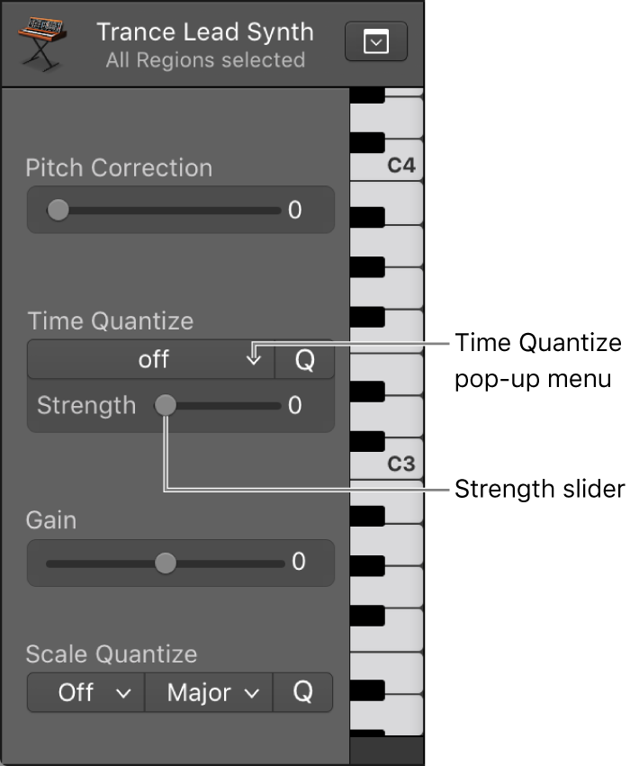 Figure. Time Quantize pop-up menu and Strength slider.