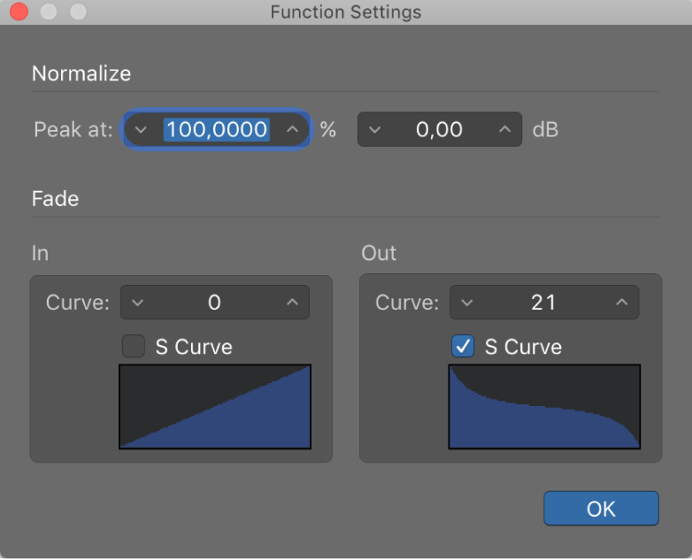 Figure. Function Settings window with s-shaped curve on Fade Out.