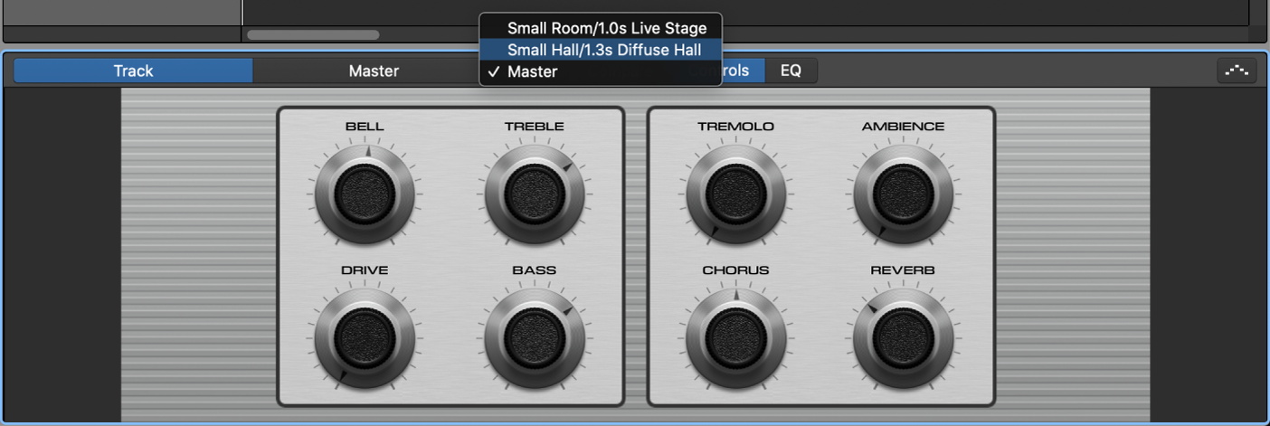 Smart Controls area showing Master Effects pop-up menu with shared reverbs.