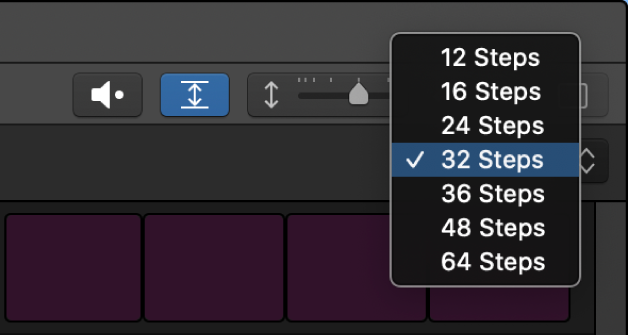 Step Sequencer Pattern Length pop-up menu open, showing choices.