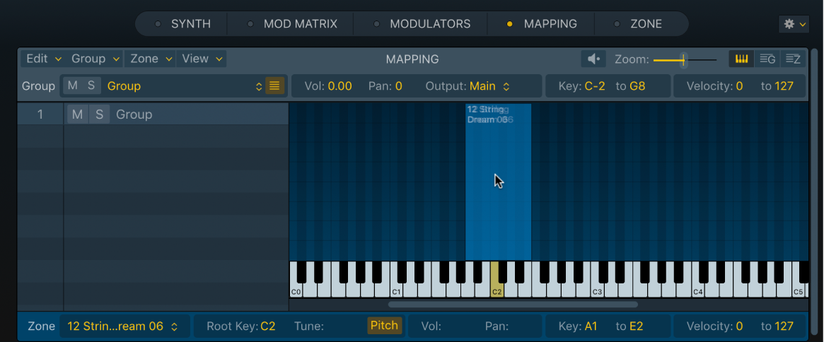 Ilustración. Vista del teclado del panel Mapping de Sampler, que muestra un archivo de audio arrastrado a un intervalo de teclas.