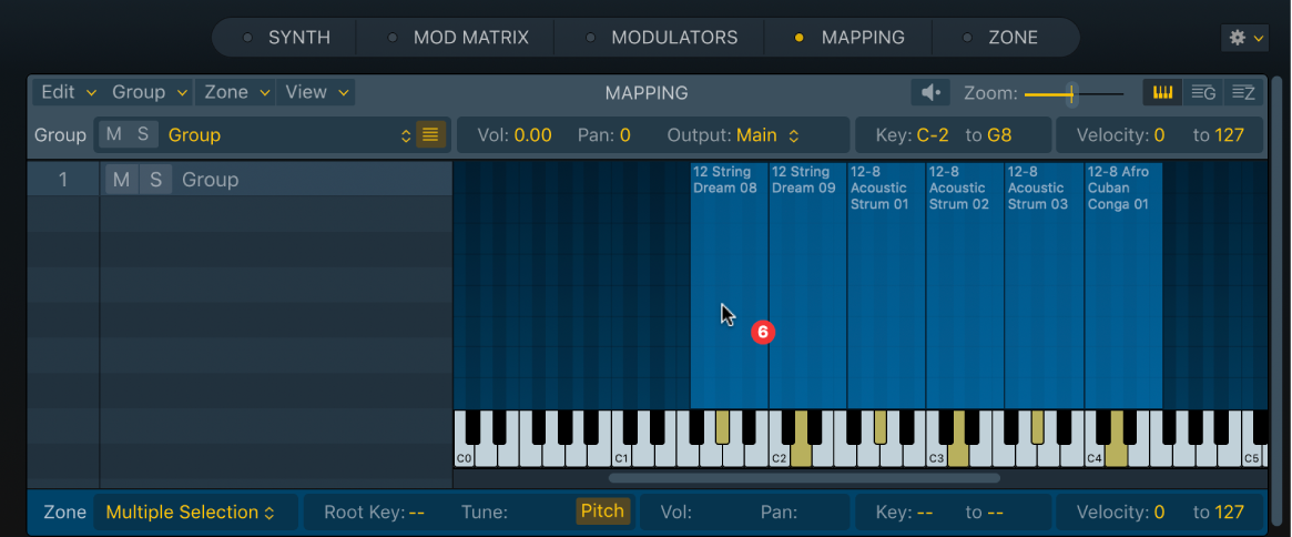 Ilustración. Vista del teclado del panel Mapping de Sampler, que muestra varios archivos de audio arrastrados a un intervalo de teclas.