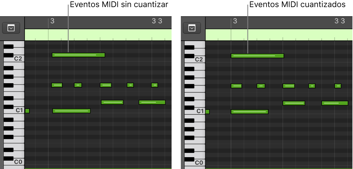 Ilustración. Par de imágenes con eventos MIDI sin cuantizar y cuantizados en el editor de teclado.
