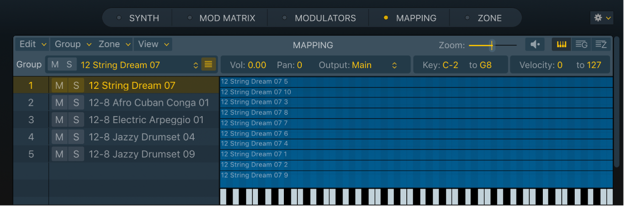 Ilustración. Vista del teclado del panel Mapping con varios grupos, creados con una zona optimizada por cada operación de arrastrar y soltar notas. El grupo seleccionado muestra varios archivos de audio.