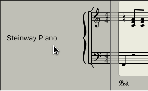 Ilustración. Nombre de instrumento y todos los pasajes de la pista de instrumentos seleccionada en el editor de partituras.