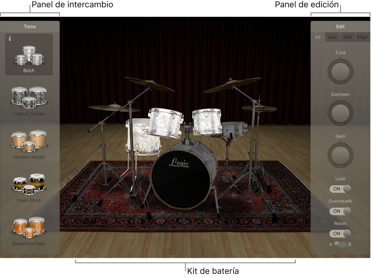 Ilustración. Drum Kit Designer con el kit de batería, el panel Intercambiar y el panel Editar.