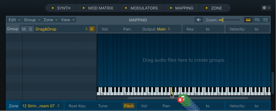 Ilustración. Vista del teclado del panel Mapping de Sampler, que muestra archivos de audio que se están arrastrado a una única tecla.
