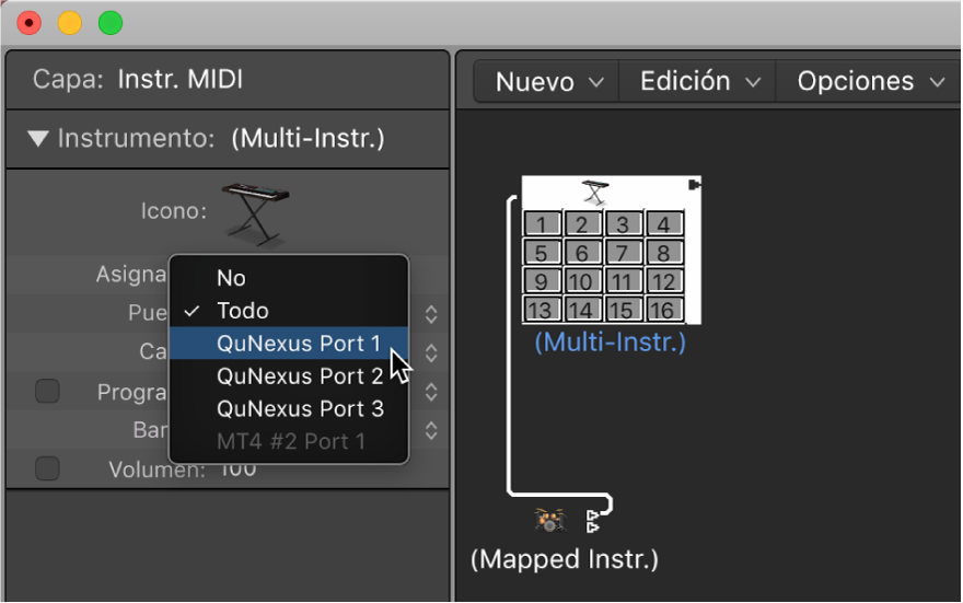 Ilustración. Menú desplegable Puerto del inspector de objetos con opciones de salida MIDI.