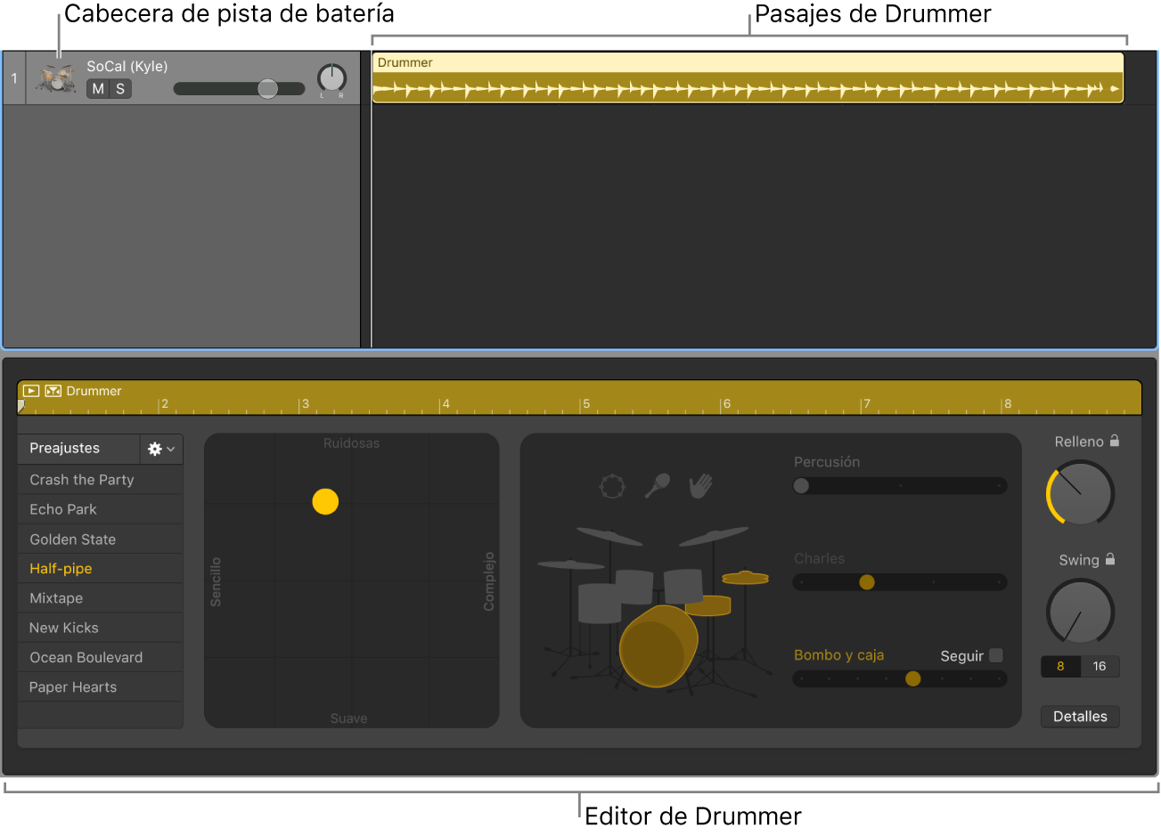Ilustración. Se muestra una pista de Drummer con pasajes de Drummer, y el editor Drummer.