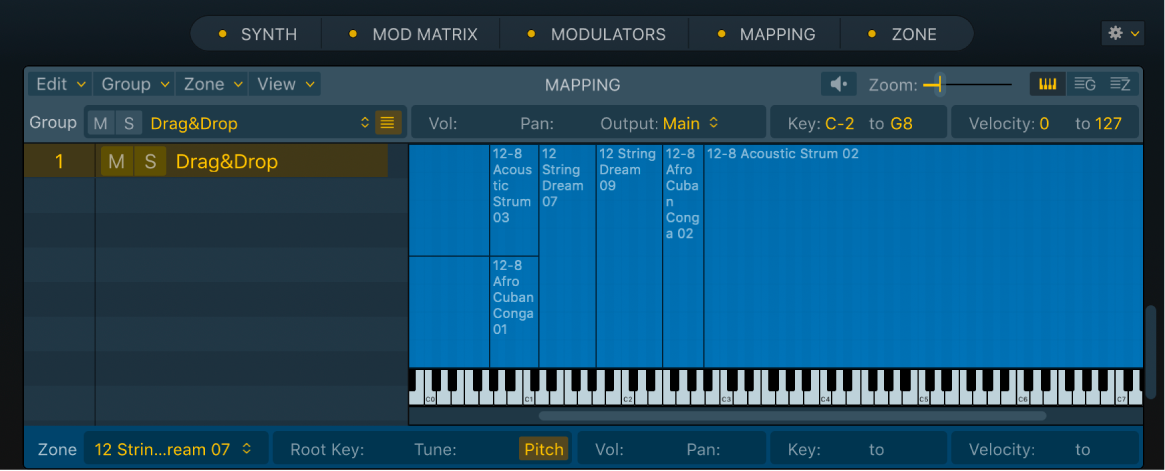 Ilustración. Vista del teclado del panel Mapping con un grupo, creado con una zona optimizada por cada operación de arrastrar y soltar notas con un único archivo de audio.