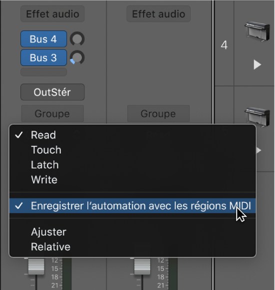 Enregistrement d’automation avec l’élément de menu Régions MIDI dans le menu local Mode d’automation.