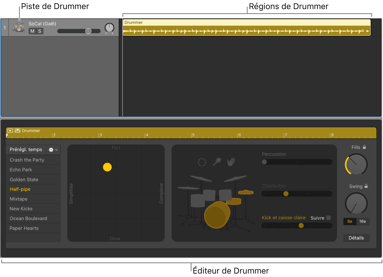 Figure. Illustration d’une piste Drummer, contenant des régions Drummer, et de l’éditeur de drummer.