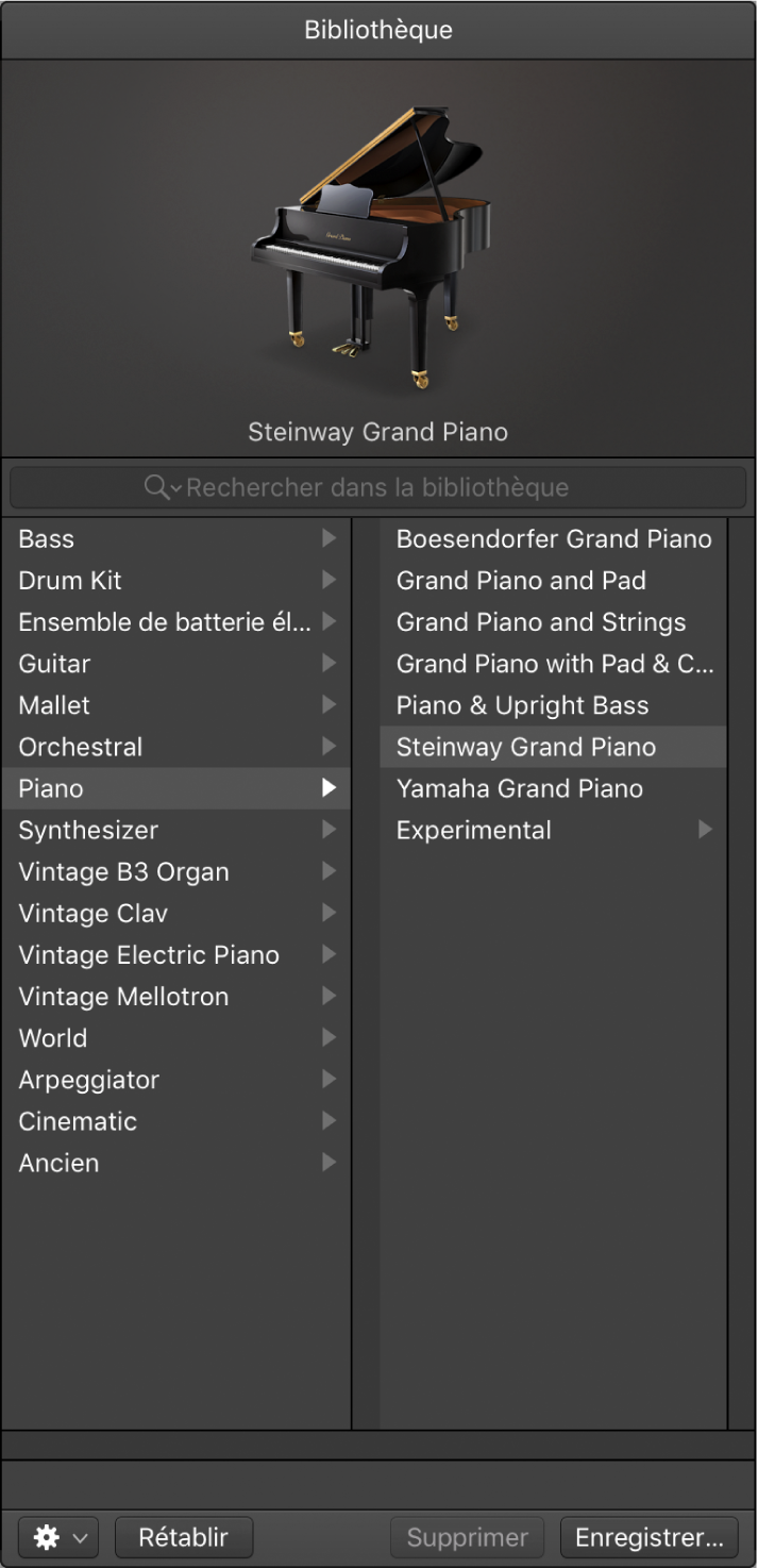 Figure. Bibliothèque avec la catégorie Piano et un patch Grand Piano sélectionnés.