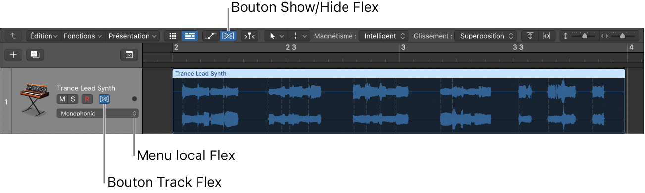 Figure. Bouton et menu local Flex dans l’en-tête d’une piste audio.