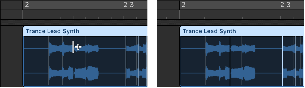 Figure. Région audio illustrant la création d’un marqueur Flex à une position dépourvue de marqueur d’élément transitoire.