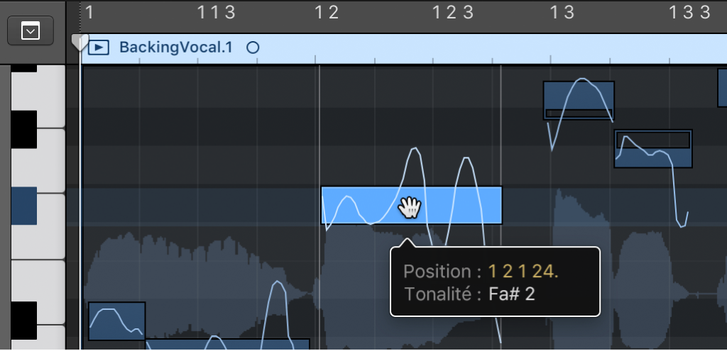 Figure. Glissement vertical d’une note dans l’éditeur de piste audio.
