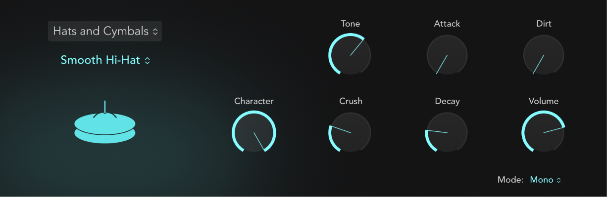図。Drum Synthのインターフェイス。シンバルのサウンドと関連パラメータが表示されています。異なるハットまたはシンバルのサウンドを選択すると、パラメータが変更されます。