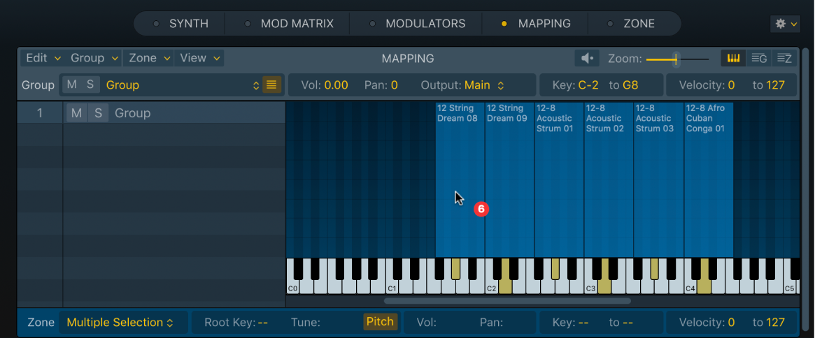 図。Samplerの「Mapping」パネルのキーボードビュー。複数のオーディオファイルをキー範囲にドラッグしています。