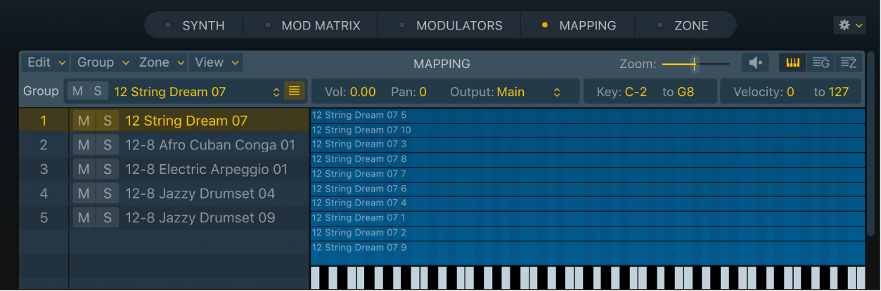 図。「Mapping」パネルのキーボードビュー。「Optimized」の「Zone per Note」へのドラッグ・アンド・ドロップ操作によって作成された複数のグループが表示されています。選択されたグループには複数のオーディオファイルが表示されています。