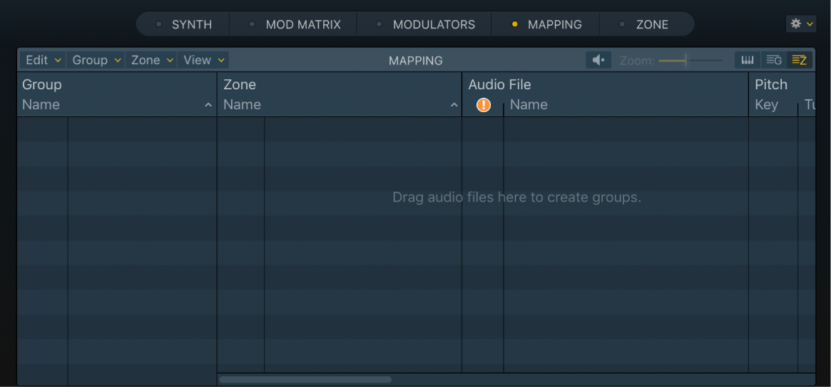  図。Samplerの空の「Mapping」パネル。ゾーンビューに「Drag audio files here」というメッセージが表示されています。