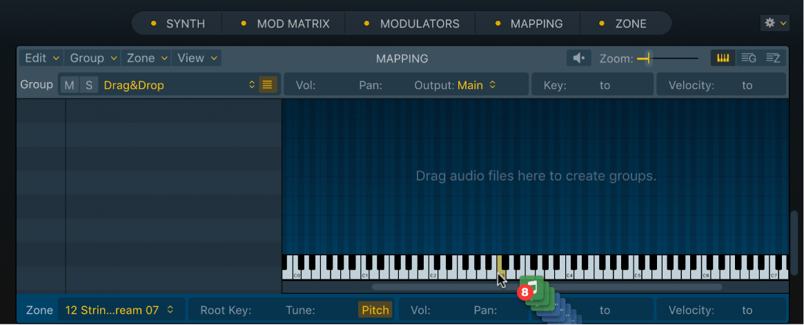 図。Samplerの「Mapping」パネルのキーボードビュー。複数のオーディオファイルを1つのキーにドラッグしています。