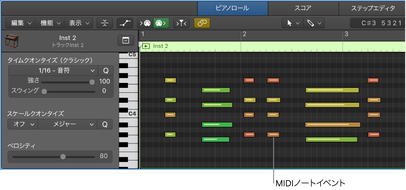 図。ピアノ・ロール・エディタ。MIDIノートイベントを指しています。