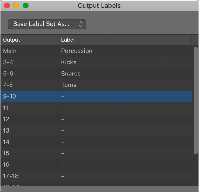 図。ゾーンとグループの「Output Labels」ウインドウ。出力名とグループラベルが表示されています。