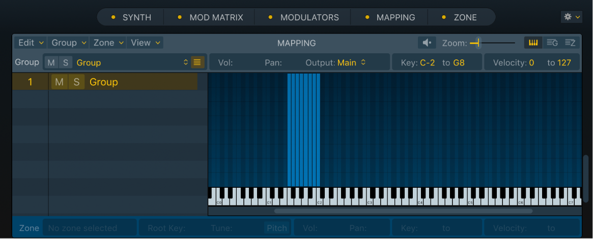 図。「Mapping」パネルのキーボードビュー。「Chromatic」の「Zone per File」へのドラッグ・アンド・ドロップ操作によって作成された複数のグループの1つに含まれるゾーンが表示されています。