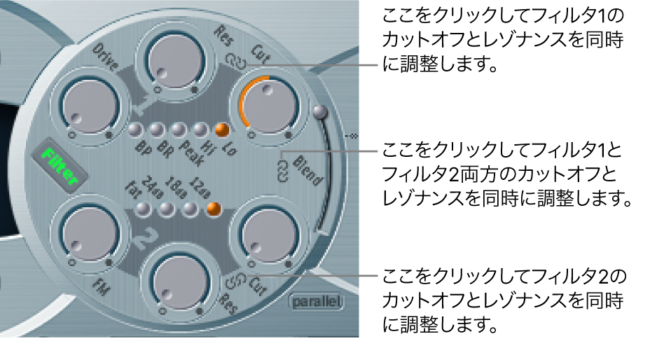 図。フィルタパラメータと、複数のパラメータを同時に制御できることを示すパラメータ間およびフィルタ間の鎖アイコン。