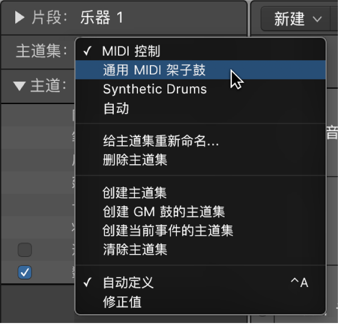 图。指向弹出式菜单中的主道集名称。