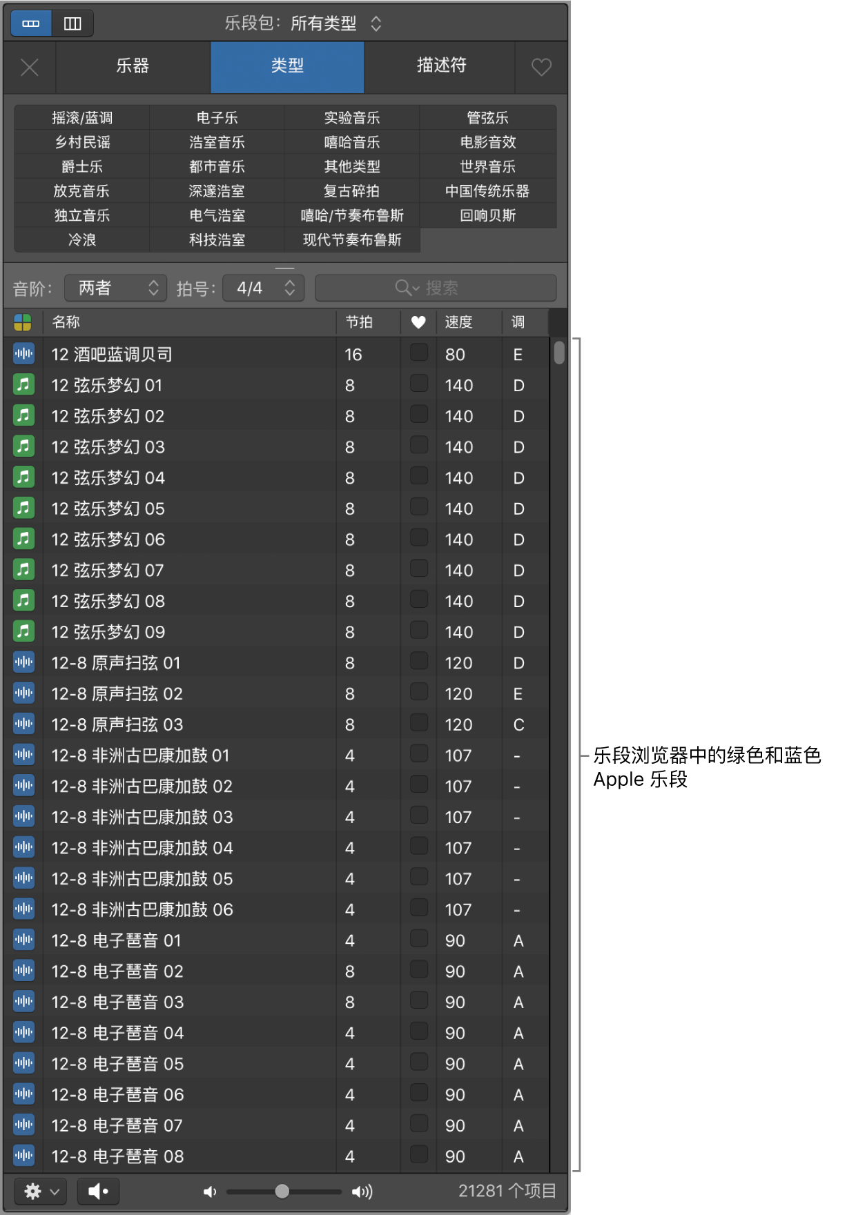 显示软件乐器（绿色）和音频（蓝色）Apple 乐段的乐段浏览器。