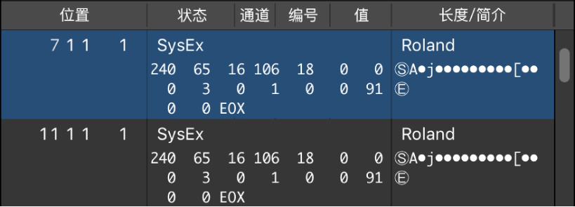 图。显示 SysEx 事件的“事件列表”。