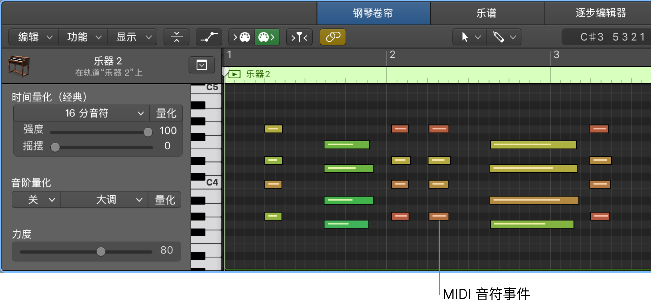 图。钢琴卷帘编辑器，指出 MIDI 音符事件。