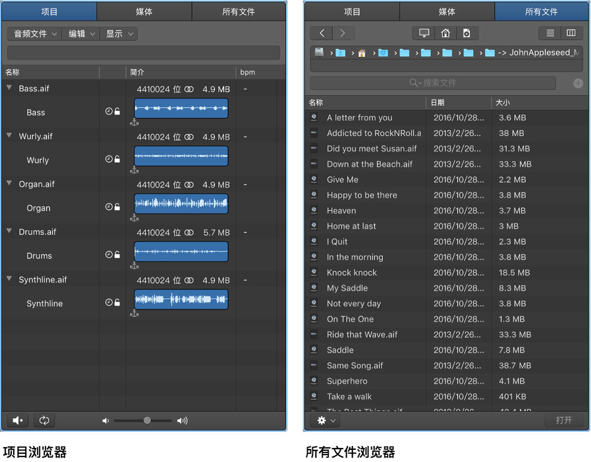 图。项目音频浏览器和所有文件浏览器。