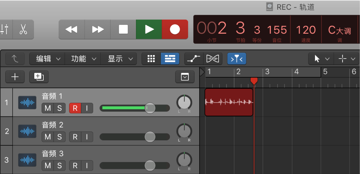 图。显示轨道区域中红色的录制的音频片段。
