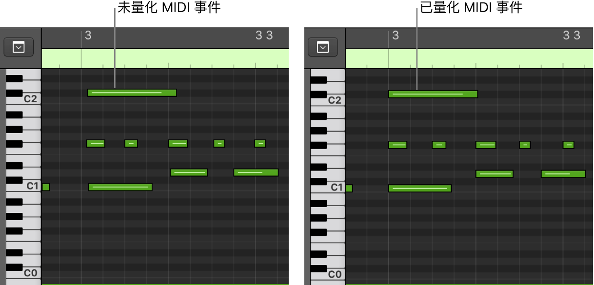 图。显示钢琴卷帘中未量化和已量化的 MIDI 事件的一对图像。