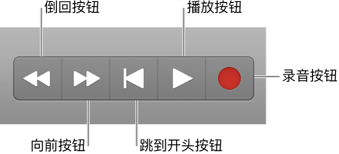 图。基本的走带控制按钮：“倒回”、“向前”、“停止”、“播放”和“录音”。